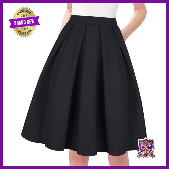 Vintage A-Line Pleated Midi Skirt with Pockets - High Waist Elastic